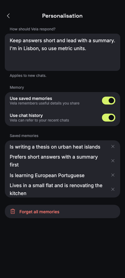 Personalisation and memory preview