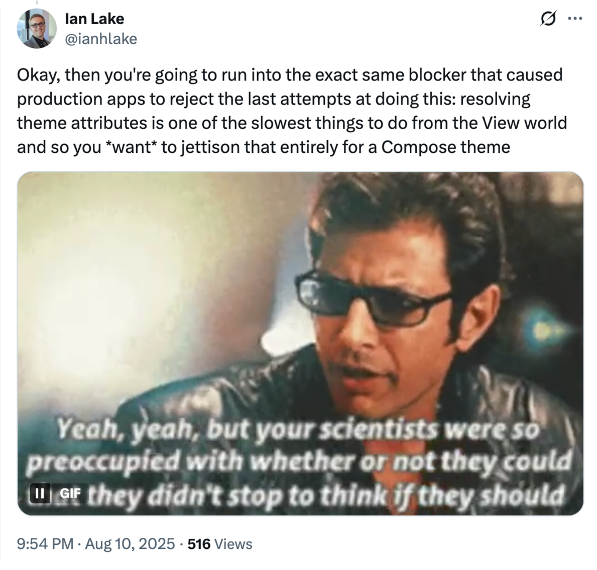 "Okay, then you're going to run into the exact same blocker that caused production apps to reject the last attempts at doing this: resolving theme attributes is one of the slowest things to do from the View world and so you want to jettison that entirely for a Compose theme"